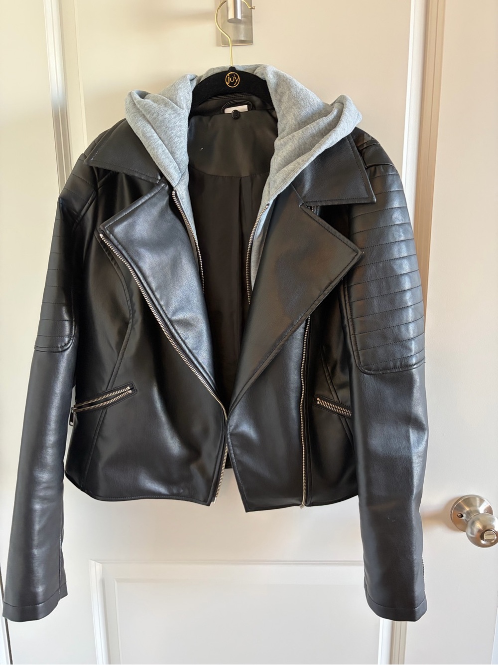 Lascana Black Faux Leather Moto Jacket with Gray Hooded Insert